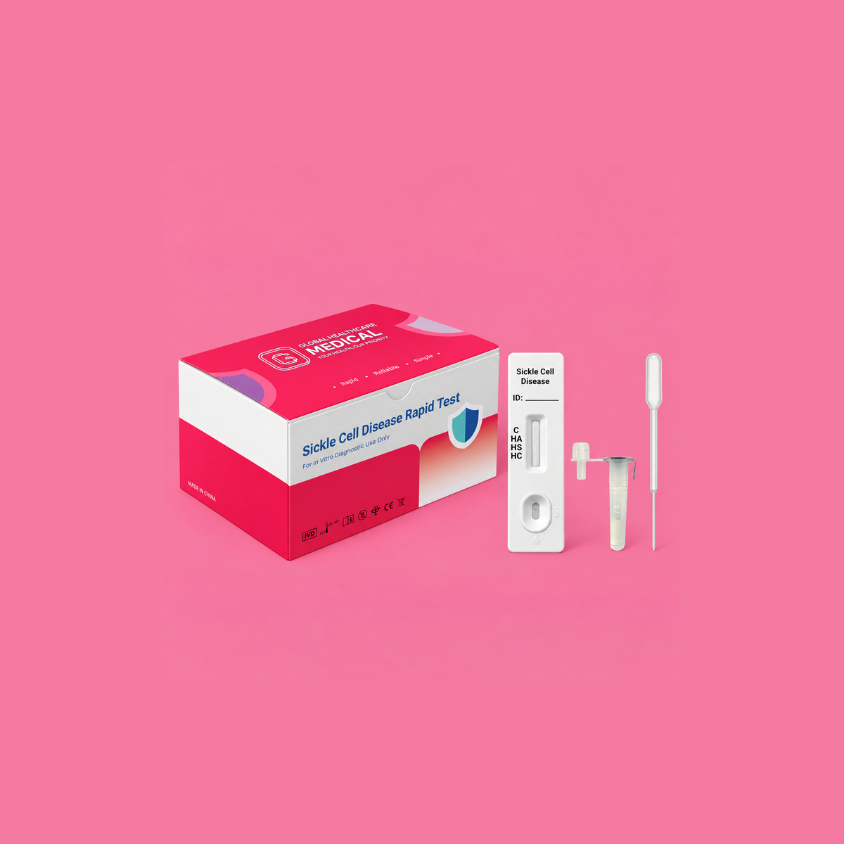 Global Healthcare Medical GHM Sickle Cell Disease Rapid Test US - Colloidal gold immunochromatography kit for qualitative detection and differentiation of hemoglobin A, S, and C in whole blood specimens with 15-minute results, 99.67% sensitivity for HbA, 97.66% sensitivity for HbS, and 99% sensitivity for HbC, CE marked and ISO 13485 certified for professional point-of-care use
