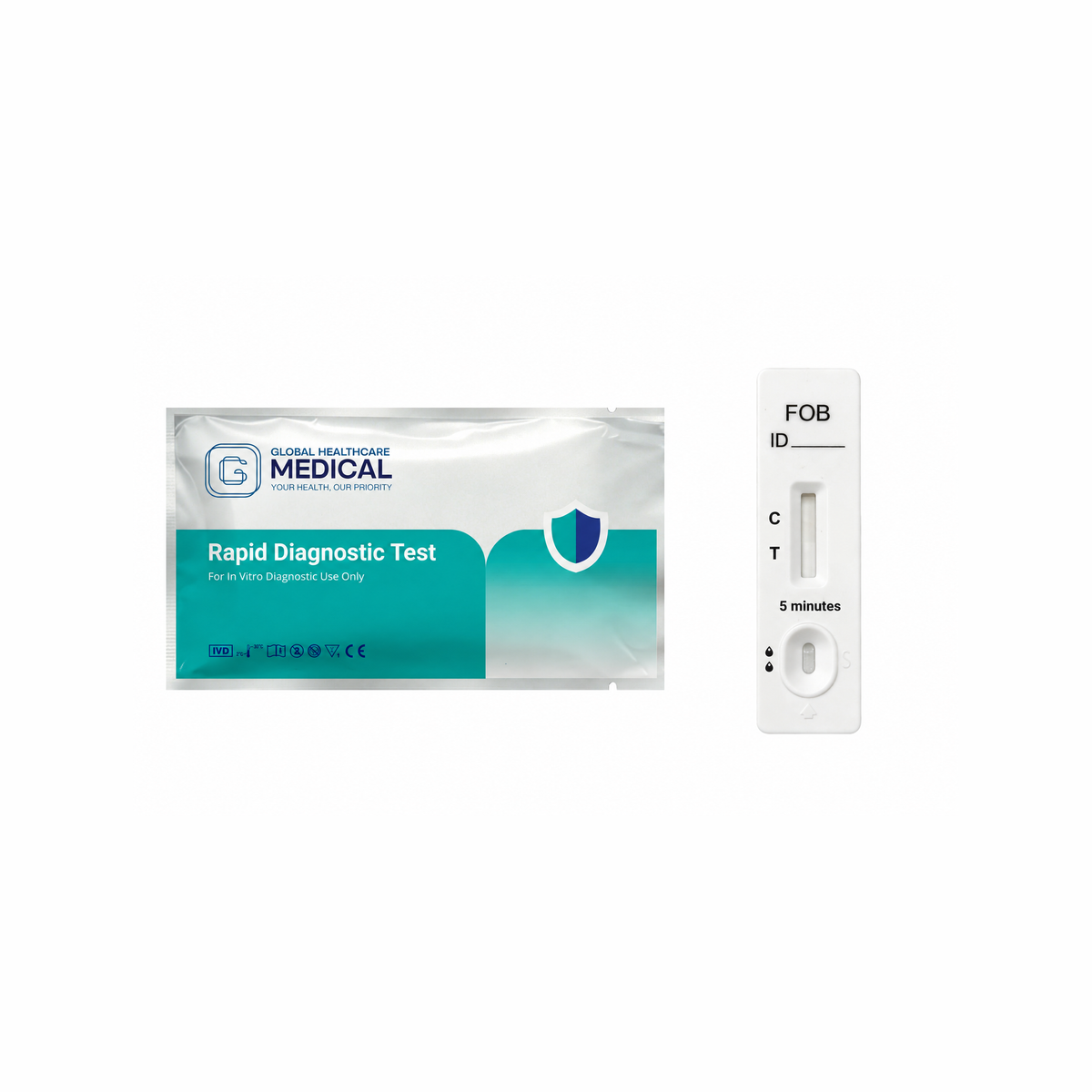 Global Healthcare Medical GHM Human Fecal Occult Blood (FOB) Rapid Test US - Colloidal gold immunochromatography kit for qualitative detection of human occult blood in feces with 5-minute results, 97.3% sensitivity and 98.5% specificity, CE marked and ISO 13485 certified for professional point-of-care use