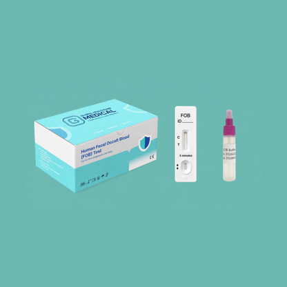 Global Healthcare Medical GHM Human Fecal Occult Blood (FOB) Rapid Test US - Colloidal gold immunochromatography kit for qualitative detection of human occult blood in feces with 5-minute results, 97.3% sensitivity and 98.5% specificity, CE marked and ISO 13485 certified for professional point-of-care use