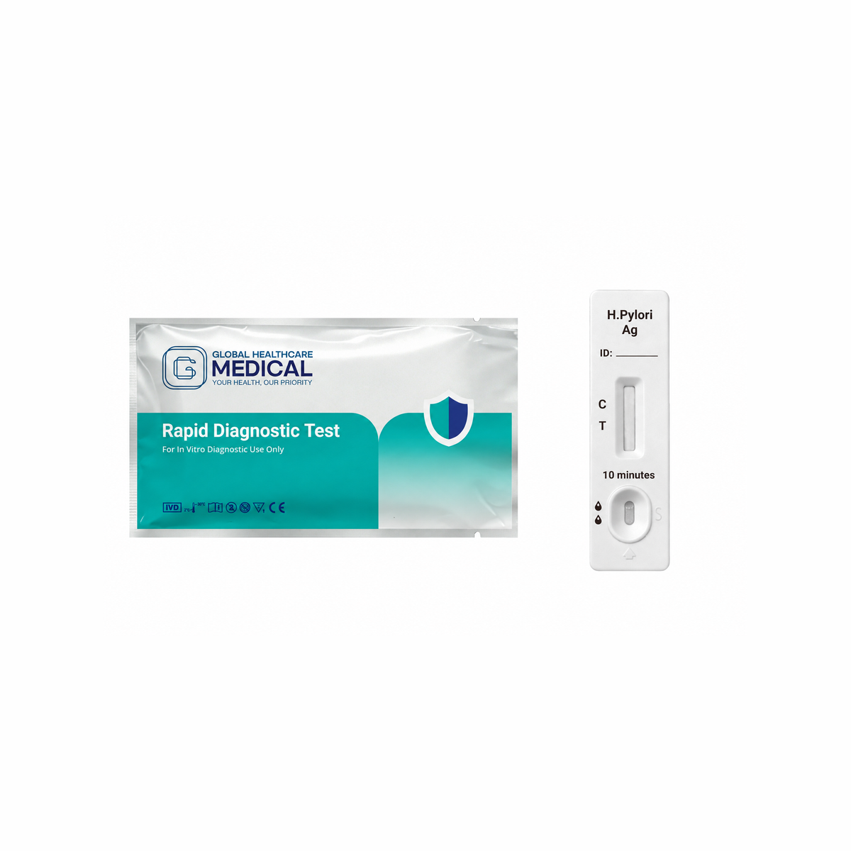 Global Healthcare Medical GHM H. Pylori Antigen Rapid Test US - Colloidal gold immunochromatography kit for qualitative detection of Helicobacter pylori antigen in feces specimens with 10-minute results, 98.8% sensitivity and 98.4% specificity, CE marked and ISO 13485 certified for professional point-of-care use