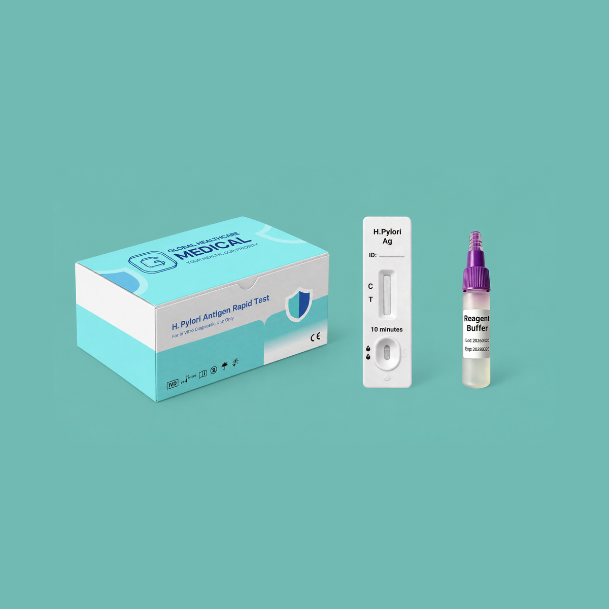 Global Healthcare Medical GHM H. Pylori Antigen Rapid Test US - Colloidal gold immunochromatography kit for qualitative detection of Helicobacter pylori antigen in feces specimens with 10-minute results, 98.8% sensitivity and 98.4% specificity, CE marked and ISO 13485 certified for professional point-of-care use