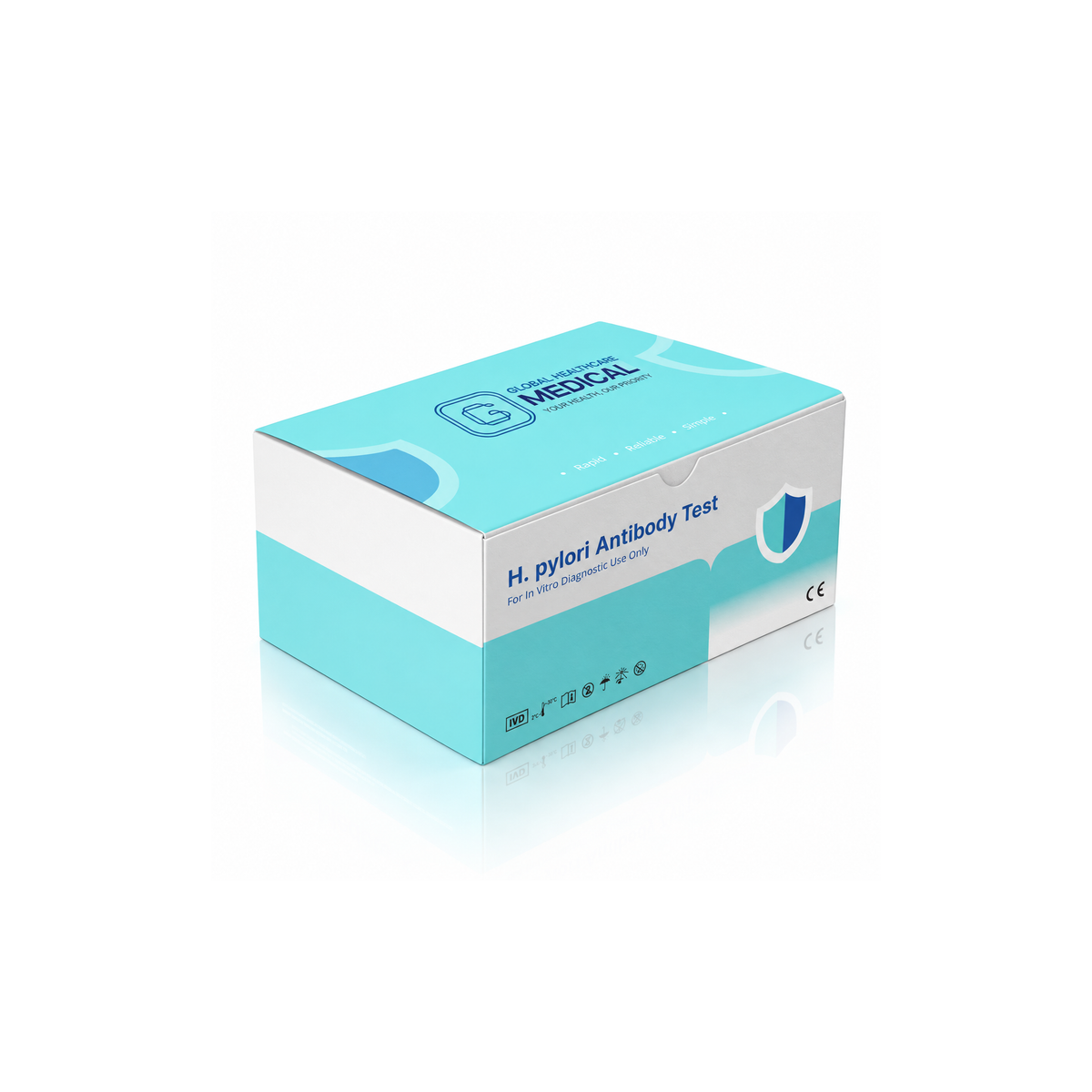 Global Healthcare Medical GHM H. Pylori Antibody Rapid Test US - Colloidal gold immunochromatography kit for qualitative detection of Helicobacter pylori antibodies in whole blood, serum, or plasma specimens with 15-minute results, 97.9% sensitivity and 97.4% specificity, CE marked and ISO 13485 certified for professional point-of-care use