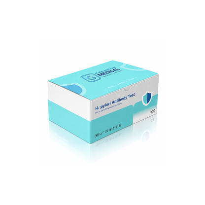 Global Healthcare Medical GHM H. Pylori Antibody Rapid Test US - Colloidal gold immunochromatography kit for qualitative detection of Helicobacter pylori antibodies in whole blood, serum, or plasma specimens with 15-minute results, 97.9% sensitivity and 97.4% specificity, CE marked and ISO 13485 certified for professional point-of-care use