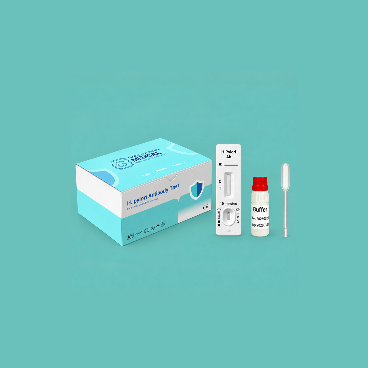 Global Healthcare Medical GHM H. Pylori Antibody Rapid Test US - Colloidal gold immunochromatography kit for qualitative detection of Helicobacter pylori antibodies in whole blood, serum, or plasma specimens with 15-minute results, 97.9% sensitivity and 97.4% specificity, CE marked and ISO 13485 certified for professional point-of-care use