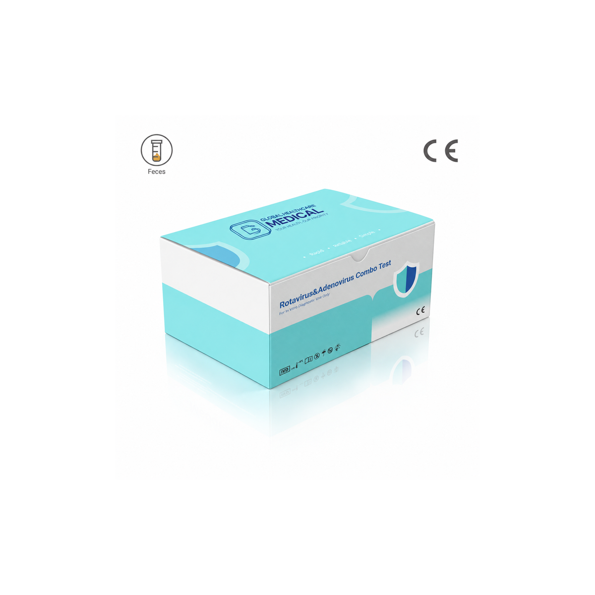 Global Healthcare Medical GHM Rotavirus & Adenovirus Combo Rapid Test US - Colloidal gold immunochromatography kit for qualitative detection and differentiation of rotavirus and adenovirus antigens in feces specimens with 10–15 minute results, 98.0% sensitivity for rotavirus and 95.2% sensitivity for adenovirus, CE marked and ISO 13485 certified for professional point-of-care use