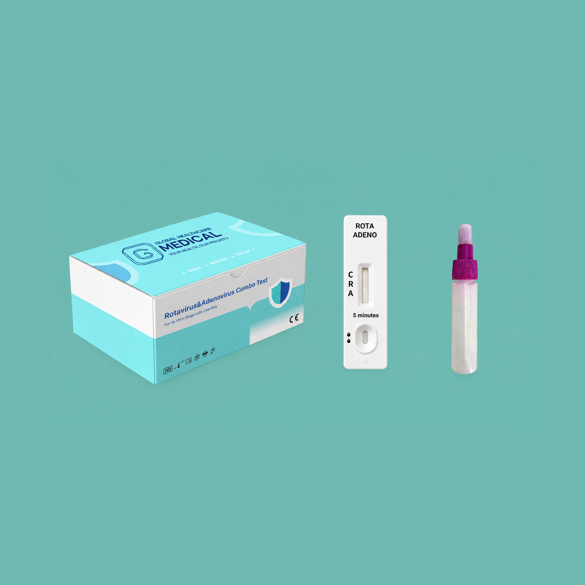 Global Healthcare Medical GHM Rotavirus & Adenovirus Combo Rapid Test US - Colloidal gold immunochromatography kit for qualitative detection and differentiation of rotavirus and adenovirus antigens in feces specimens with 10–15 minute results, 98.0% sensitivity for rotavirus and 95.2% sensitivity for adenovirus, CE marked and ISO 13485 certified for professional point-of-care use