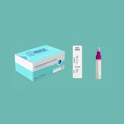 Global Healthcare Medical GHM Rotavirus & Adenovirus Combo Rapid Test US - Colloidal gold immunochromatography kit for qualitative detection and differentiation of rotavirus and adenovirus antigens in feces specimens with 10–15 minute results, 98.0% sensitivity for rotavirus and 95.2% sensitivity for adenovirus, CE marked and ISO 13485 certified for professional point-of-care use