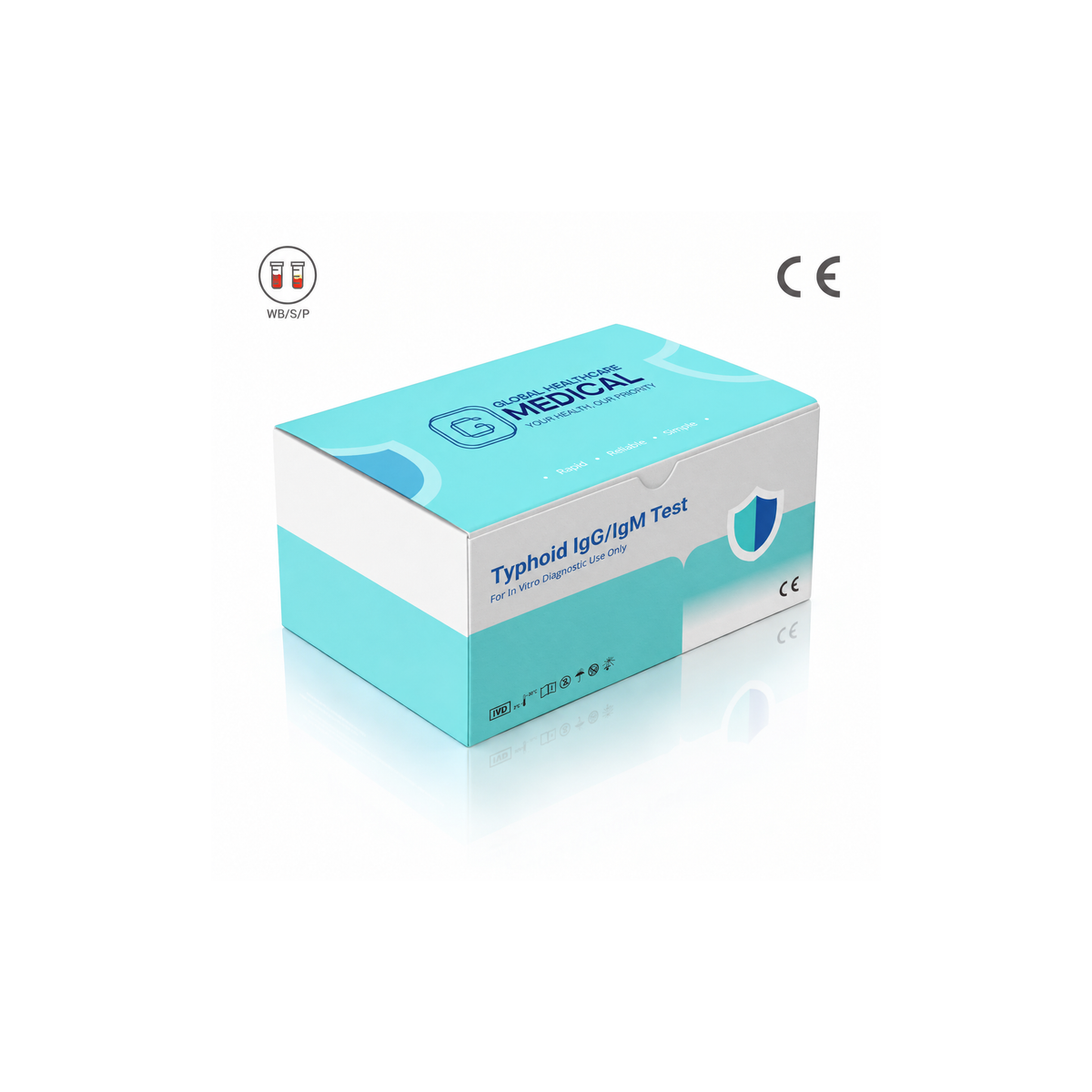 Global Healthcare Medical GHM Typhoid IgG/IgM Rapid Test US - Colloidal gold immunochromatography kit for qualitative detection and differentiation of Salmonella typhi IgG and IgM antibodies in whole blood, serum, or plasma specimens with 15-minute results, CE marked and ISO 13485 certified for professional point-of-care use