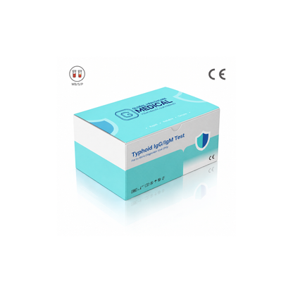 Global Healthcare Medical GHM Typhoid IgG/IgM Rapid Test US - Colloidal gold immunochromatography kit for qualitative detection and differentiation of Salmonella typhi IgG and IgM antibodies in whole blood, serum, or plasma specimens with 15-minute results, CE marked and ISO 13485 certified for professional point-of-care use