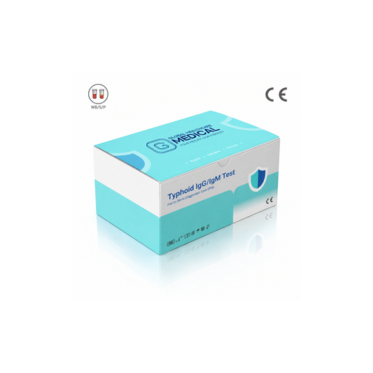 Global Healthcare Medical GHM Typhoid IgG/IgM Rapid Test US - Colloidal gold immunochromatography kit for qualitative detection and differentiation of Salmonella typhi IgG and IgM antibodies in whole blood, serum, or plasma specimens with 15-minute results, CE marked and ISO 13485 certified for professional point-of-care use