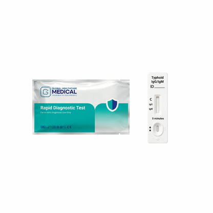 Global Healthcare Medical GHM Typhoid IgG/IgM Rapid Test US - Colloidal gold immunochromatography kit for qualitative detection and differentiation of Salmonella typhi IgG and IgM antibodies in whole blood, serum, or plasma specimens with 15-minute results, CE marked and ISO 13485 certified for professional point-of-care use