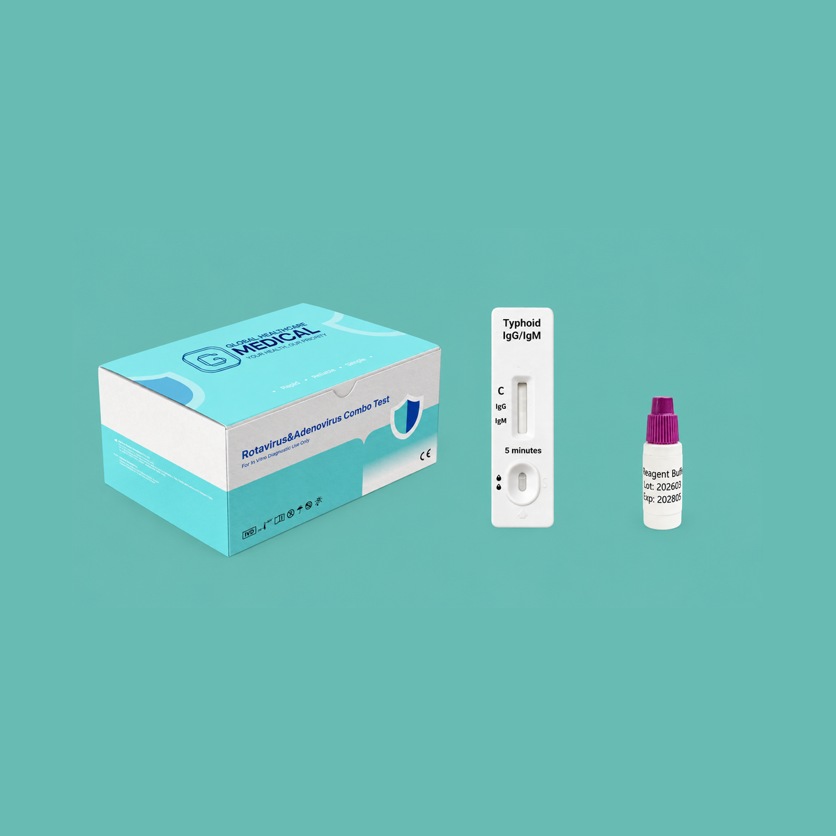 Global Healthcare Medical GHM Typhoid IgG/IgM Rapid Test US - Colloidal gold immunochromatography kit for qualitative detection and differentiation of Salmonella typhi IgG and IgM antibodies in whole blood, serum, or plasma specimens with 15-minute results, CE marked and ISO 13485 certified for professional point-of-care use