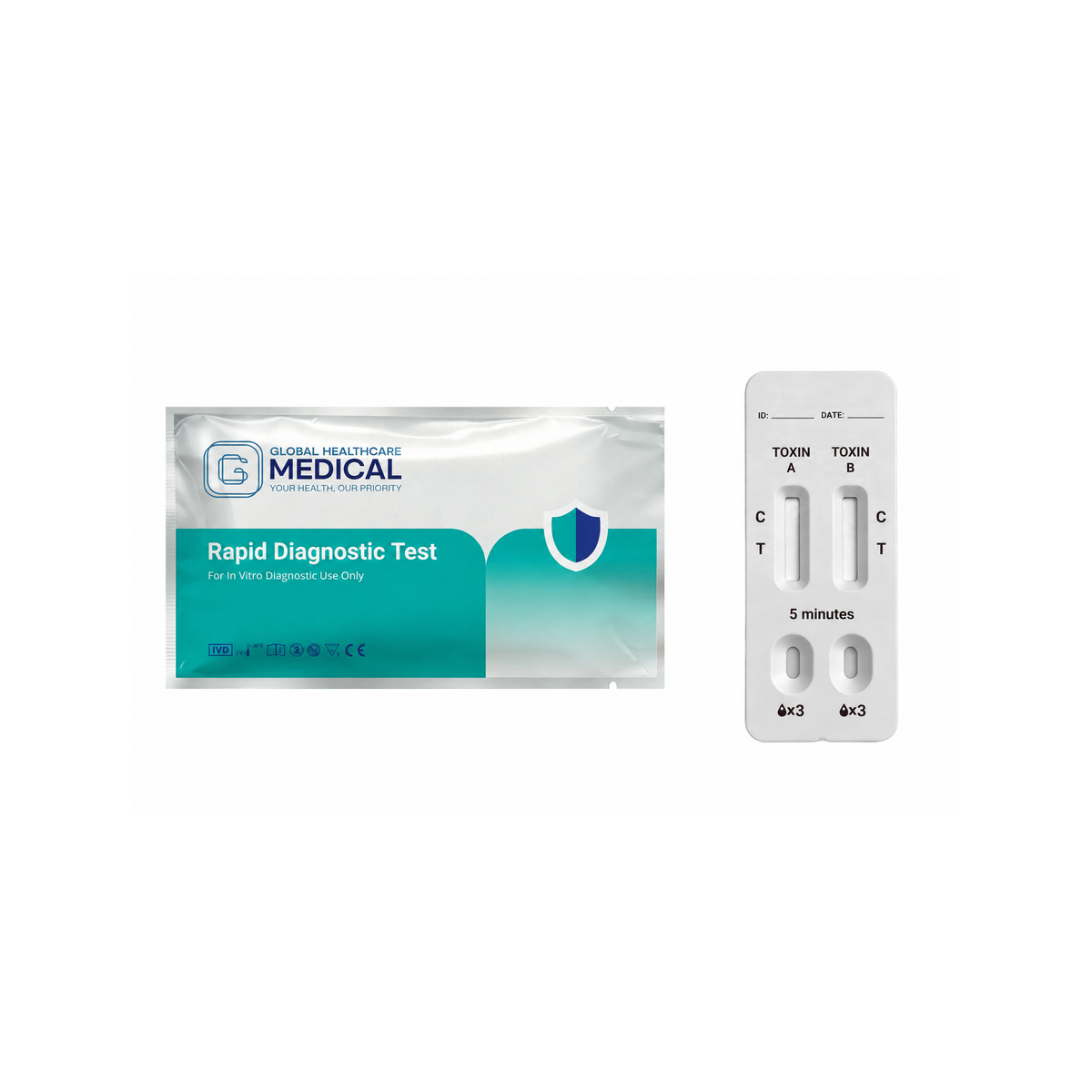 Global Healthcare Medical GHM Clostridium Difficile Toxin A & Toxin B Combo Rapid Test US - Colloidal gold immunochromatography kit for qualitative detection of Clostridium difficile Toxin A and Toxin B antigens in feces specimens with 10-minute results, 71.4% positive percent agreement vs. NAAT and 95% specificity, CE marked and ISO 13485 certified for professional point-of-care use