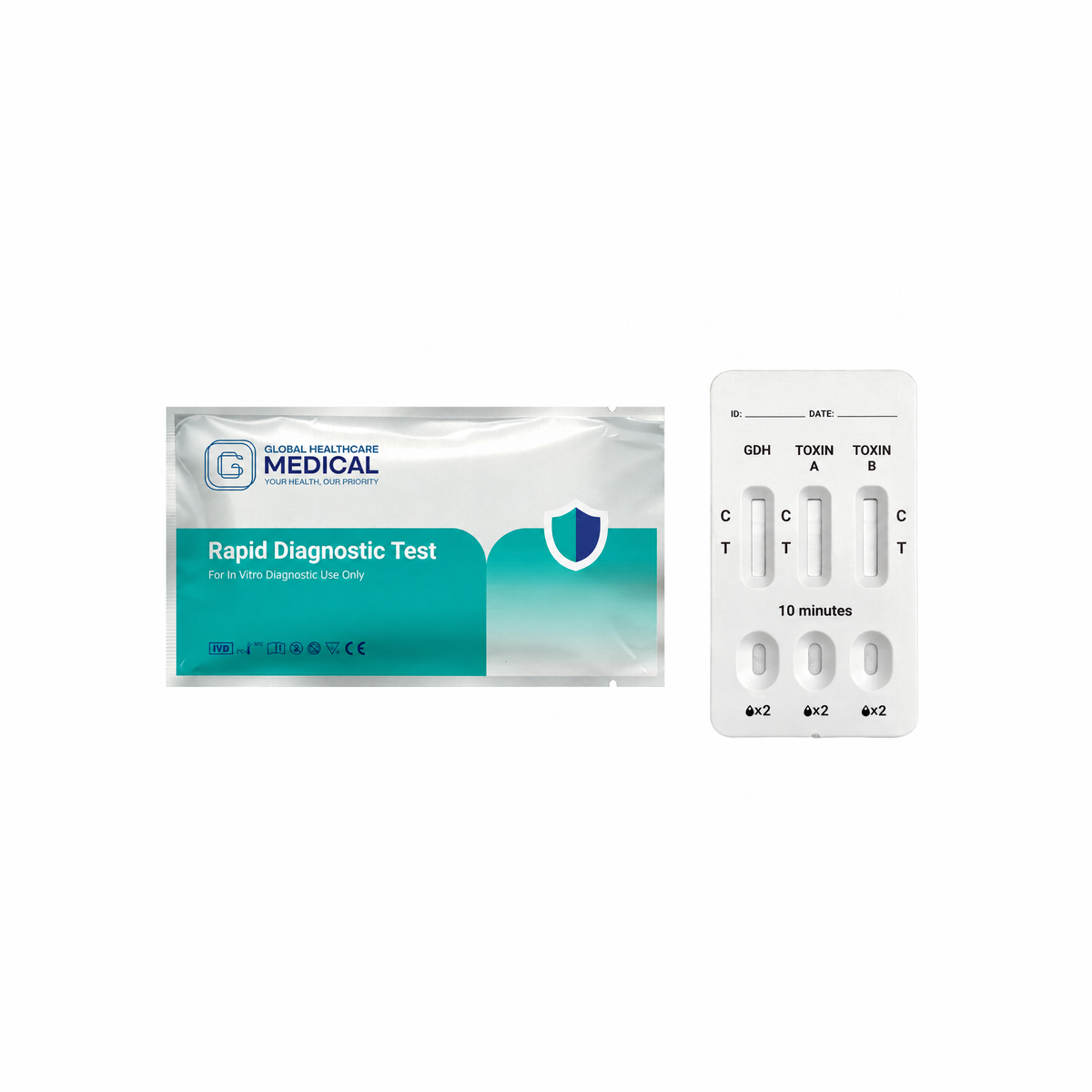 Global Healthcare Medical GHM Clostridium Difficile GDH & Toxin A & Toxin B Combo Rapid Test US - Colloidal gold immunochromatography kit for qualitative detection of Clostridium difficile GDH antigen, Toxin A, and Toxin B in feces specimens with 10-minute results, 96.36% sensitivity for GDH, 96.67% sensitivity for Toxin A, and 100% sensitivity for Toxin B, CE marked and ISO 13485 certified for professional point-of-care use