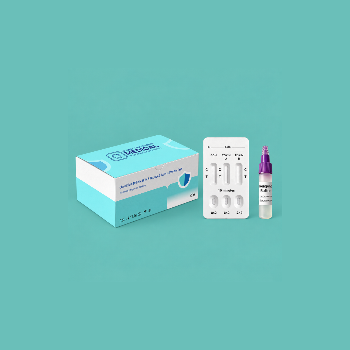 Global Healthcare Medical GHM Clostridium Difficile GDH & Toxin A & Toxin B Combo Rapid Test US - Colloidal gold immunochromatography kit for qualitative detection of Clostridium difficile GDH antigen, Toxin A, and Toxin B in feces specimens with 10-minute results, 96.36% sensitivity for GDH, 96.67% sensitivity for Toxin A, and 100% sensitivity for Toxin B, CE marked and ISO 13485 certified for professional point-of-care use