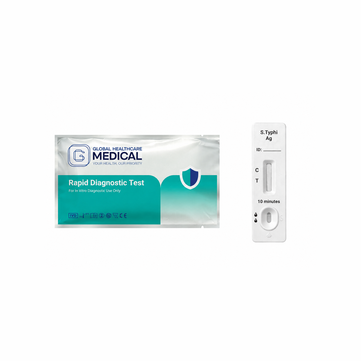 Global Healthcare Medical GHM Salmonella Typhi Antigen Rapid Test US - Colloidal gold immunochromatography kit for qualitative detection of Salmonella typhi antigen in feces specimens with 10-minute results, 86.0% sensitivity and 95.2% specificity vs. stool culture, CE marked and ISO 13485 certified for professional point-of-care use