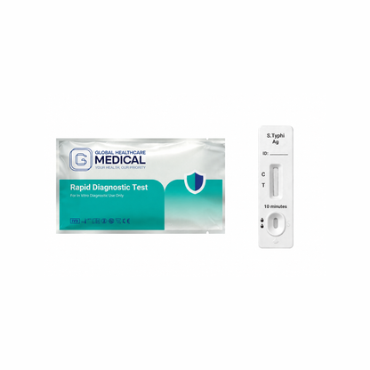 Global Healthcare Medical GHM Salmonella Typhi Antigen Rapid Test US - Colloidal gold immunochromatography kit for qualitative detection of Salmonella typhi antigen in feces specimens with 10-minute results, 86.0% sensitivity and 95.2% specificity vs. stool culture, CE marked and ISO 13485 certified for professional point-of-care use