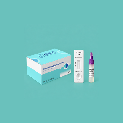 Global Healthcare Medical GHM Salmonella Typhi Antigen Rapid Test US - Colloidal gold immunochromatography kit for qualitative detection of Salmonella typhi antigen in feces specimens with 10-minute results, 86.0% sensitivity and 95.2% specificity vs. stool culture, CE marked and ISO 13485 certified for professional point-of-care use