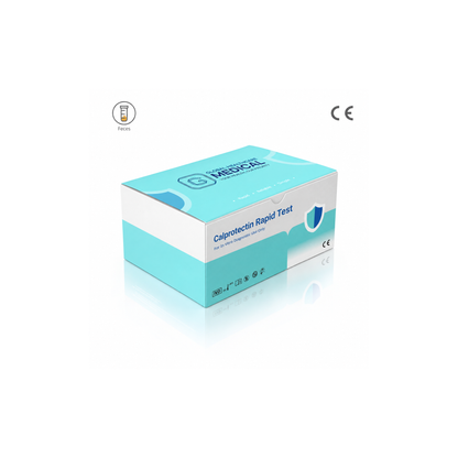 Global Healthcare Medical GHM Calprotectin Antigen Rapid Test US - Colloidal gold immunochromatography kit for semi-quantitative detection of calprotectin in feces specimens with 10-minute results, 100% sensitivity and 97.7% specificity, CE marked and ISO 13485 certified for professional point-of-care use