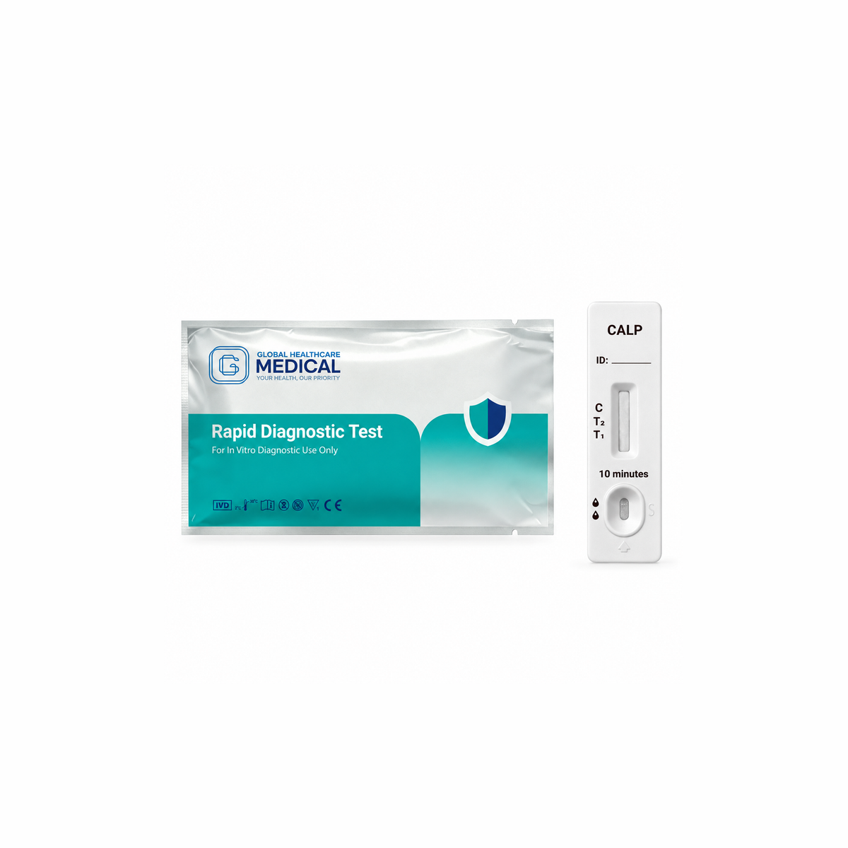 Global Healthcare Medical GHM Calprotectin Antigen Rapid Test US - Colloidal gold immunochromatography kit for semi-quantitative detection of calprotectin in feces specimens with 10-minute results, 100% sensitivity and 97.7% specificity, CE marked and ISO 13485 certified for professional point-of-care use
