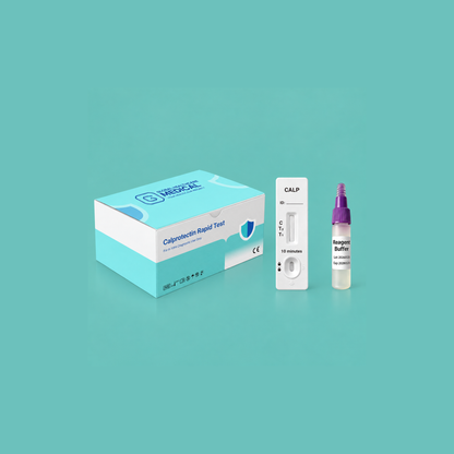 Global Healthcare Medical GHM Calprotectin Antigen Rapid Test US - Colloidal gold immunochromatography kit for semi-quantitative detection of calprotectin in feces specimens with 10-minute results, 100% sensitivity and 97.7% specificity, CE marked and ISO 13485 certified for professional point-of-care use