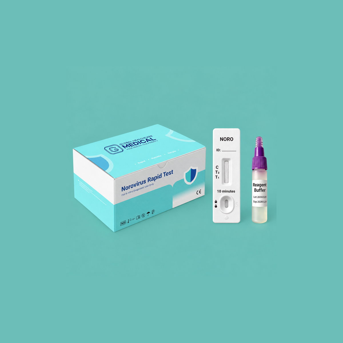 Global Healthcare Medical GHM Norovirus Antigen Rapid Test US - Colloidal gold immunochromatography kit for qualitative detection of norovirus genogroup I and II antigens in feces specimens with 10-minute results, 95.9% sensitivity and 100.0% specificity vs. RT-qPCR, CE marked and ISO 13485 certified for professional point-of-care use