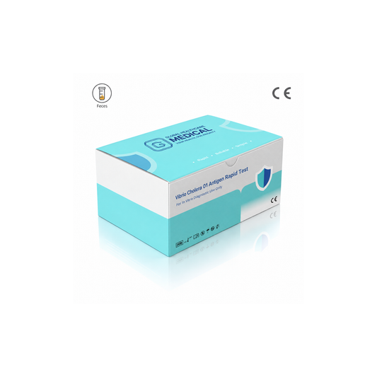 Global Healthcare Medical GHM Vibrio Cholerae O1 Antigen Rapid Test US - Colloidal gold immunochromatography kit for qualitative detection of Vibrio cholerae O1 antigen in feces specimens with 10–15 minute results, 96.2% sensitivity and 97.8% specificity, CE marked and ISO 13485 certified for professional point-of-care use