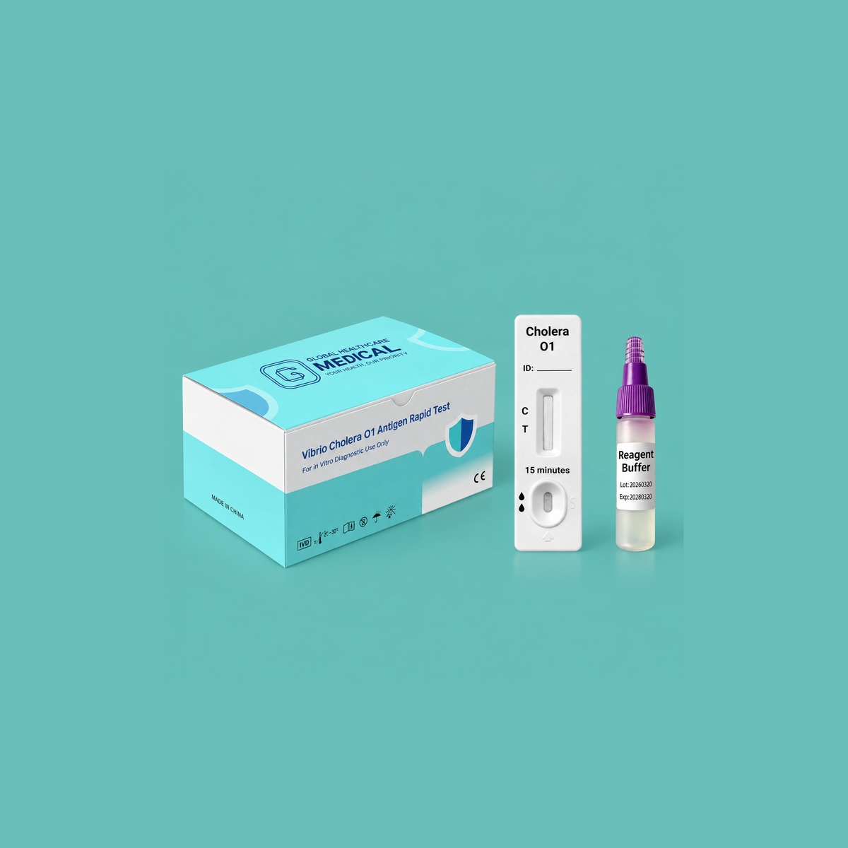 Global Healthcare Medical GHM Vibrio Cholerae O1 Antigen Rapid Test US - Colloidal gold immunochromatography kit for qualitative detection of Vibrio cholerae O1 antigen in feces specimens with 10–15 minute results, 96.2% sensitivity and 97.8% specificity, CE marked and ISO 13485 certified for professional point-of-care use