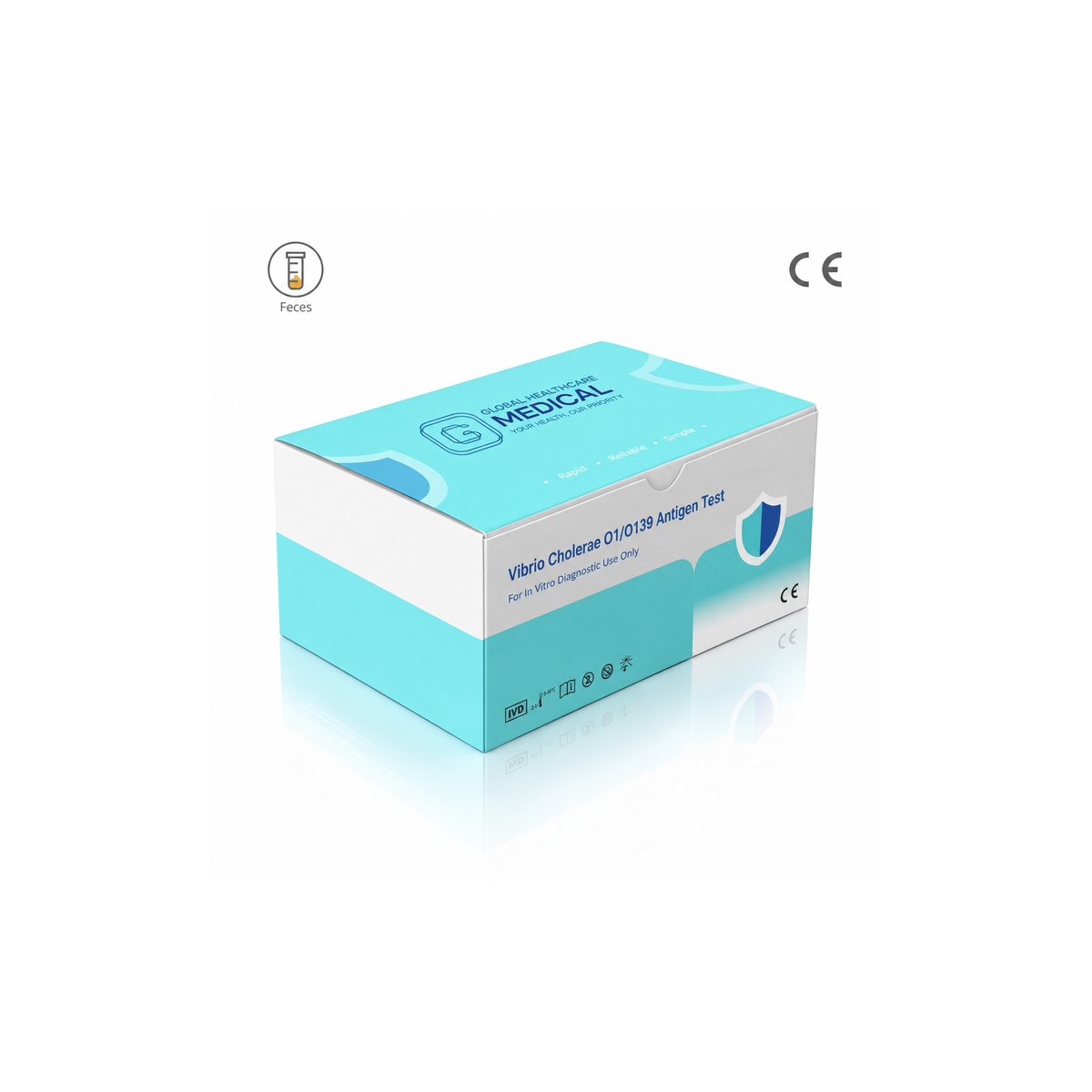 Global Healthcare Medical GHM Vibrio Cholerae O1/O139 Antigen Rapid Test US - Colloidal gold immunochromatography kit for qualitative detection and differentiation of Vibrio cholerae O1 and O139 antigens in feces specimens with 15-minute results, 95.0% pooled sensitivity and 95.0% pooled specificity vs. culture/PCR, CE marked and ISO 13485 certified for professional point-of-care use