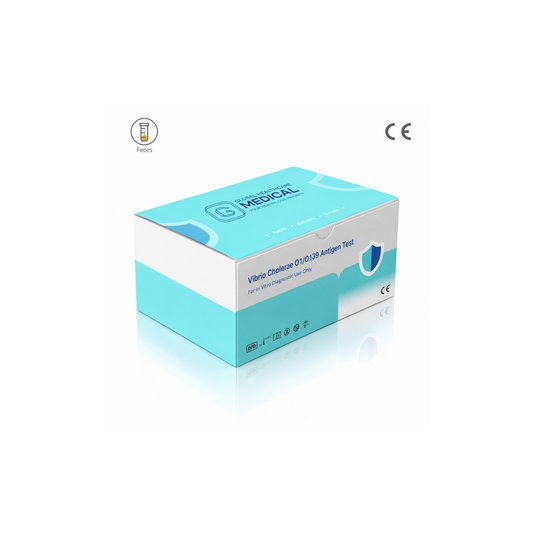 Global Healthcare Medical GHM Vibrio Cholerae O1/O139 Antigen Rapid Test US - Colloidal gold immunochromatography kit for qualitative detection and differentiation of Vibrio cholerae O1 and O139 antigens in feces specimens with 15-minute results, 95.0% pooled sensitivity and 95.0% pooled specificity vs. culture/PCR, CE marked and ISO 13485 certified for professional point-of-care use