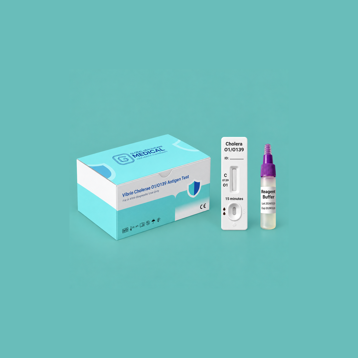 Global Healthcare Medical GHM Vibrio Cholerae O1/O139 Antigen Rapid Test US - Colloidal gold immunochromatography kit for qualitative detection and differentiation of Vibrio cholerae O1 and O139 antigens in feces specimens with 15-minute results, 95.0% pooled sensitivity and 95.0% pooled specificity vs. culture/PCR, CE marked and ISO 13485 certified for professional point-of-care use