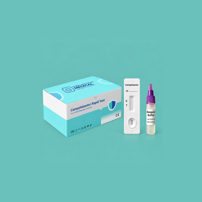 Global Healthcare Medical GHM Campylobacter Antigen Rapid Test US - Colloidal gold immunochromatography kit for qualitative detection of Campylobacter jejuni and Campylobacter coli antigens in feces specimens with 15-minute results, >90% sensitivity and >95% specificity, CE marked and ISO 13485 certified for professional point-of-care use