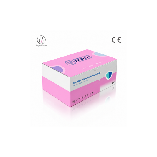 Global Healthcare Medical GHM Candida Albicans Antigen Rapid Test US - Colloidal gold immunochromatography kit for qualitative detection of Candida albicans antigen in vaginal swab, urine, urethral swab, and cervical swab specimens with 10–15 minute results, 100% sensitivity and 89.9% specificity vs. culture, CE marked and ISO 13485 certified for professional point-of-care use