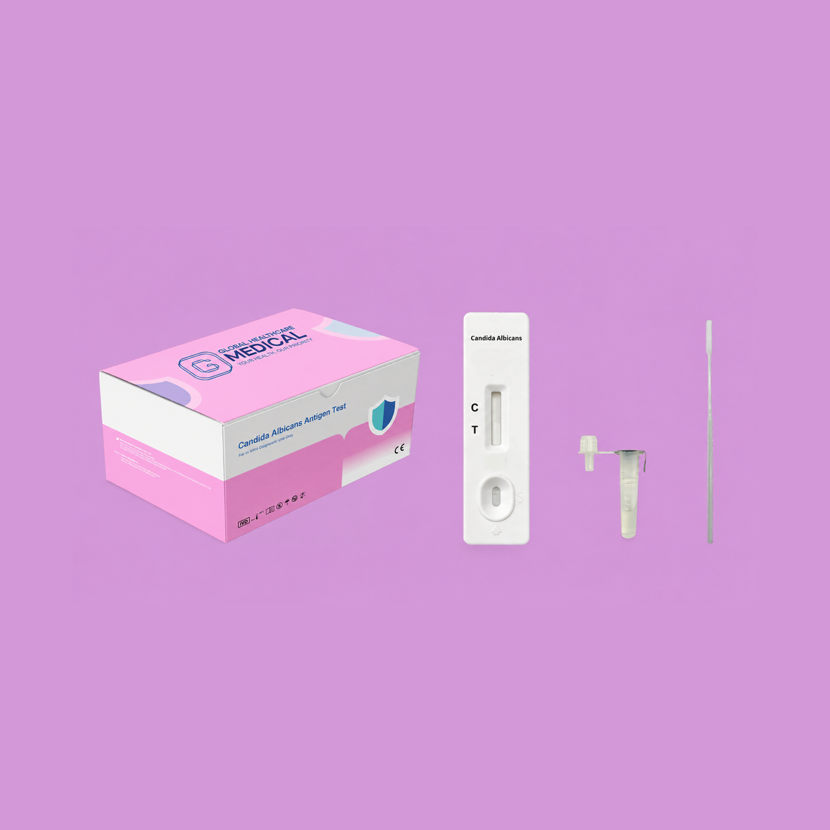 Global Healthcare Medical GHM Candida Albicans Antigen Rapid Test US - Colloidal gold immunochromatography kit for qualitative detection of Candida albicans antigen in vaginal swab, urine, urethral swab, and cervical swab specimens with 10–15 minute results, 100% sensitivity and 89.9% specificity vs. culture, CE marked and ISO 13485 certified for professional point-of-care use