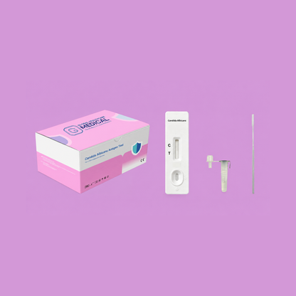 Global Healthcare Medical GHM Candida Albicans Antigen Rapid Test US - Colloidal gold immunochromatography kit for qualitative detection of Candida albicans antigen in vaginal swab, urine, urethral swab, and cervical swab specimens with 10–15 minute results, 100% sensitivity and 89.9% specificity vs. culture, CE marked and ISO 13485 certified for professional point-of-care use