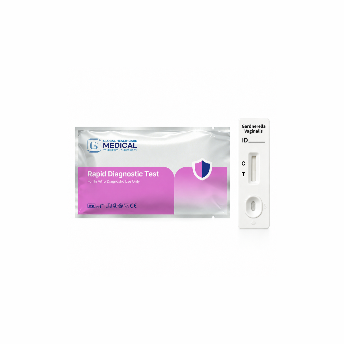 Global Healthcare Medical GHM Gardnerella Vaginalis Antigen Rapid Test US - Colloidal gold immunochromatography kit for qualitative detection of Gardnerella vaginalis antigen in vaginal swab specimens with 15-minute results, ≥80% sensitivity and ≥90% specificity, CE marked and ISO 13485 certified for professional point-of-care use