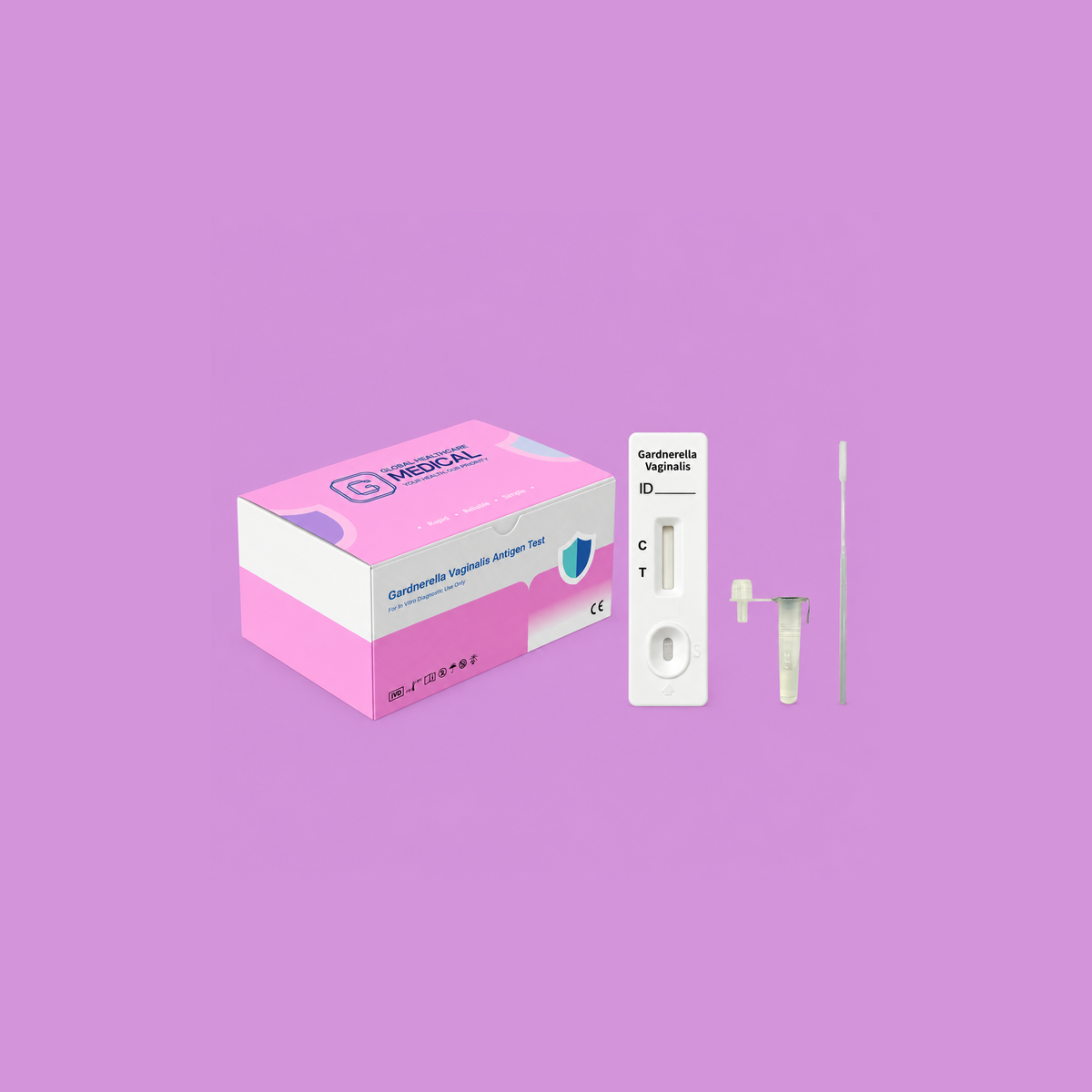 Global Healthcare Medical GHM Gardnerella Vaginalis Antigen Rapid Test US - Colloidal gold immunochromatography kit for qualitative detection of Gardnerella vaginalis antigen in vaginal swab specimens with 15-minute results, ≥80% sensitivity and ≥90% specificity, CE marked and ISO 13485 certified for professional point-of-care use
