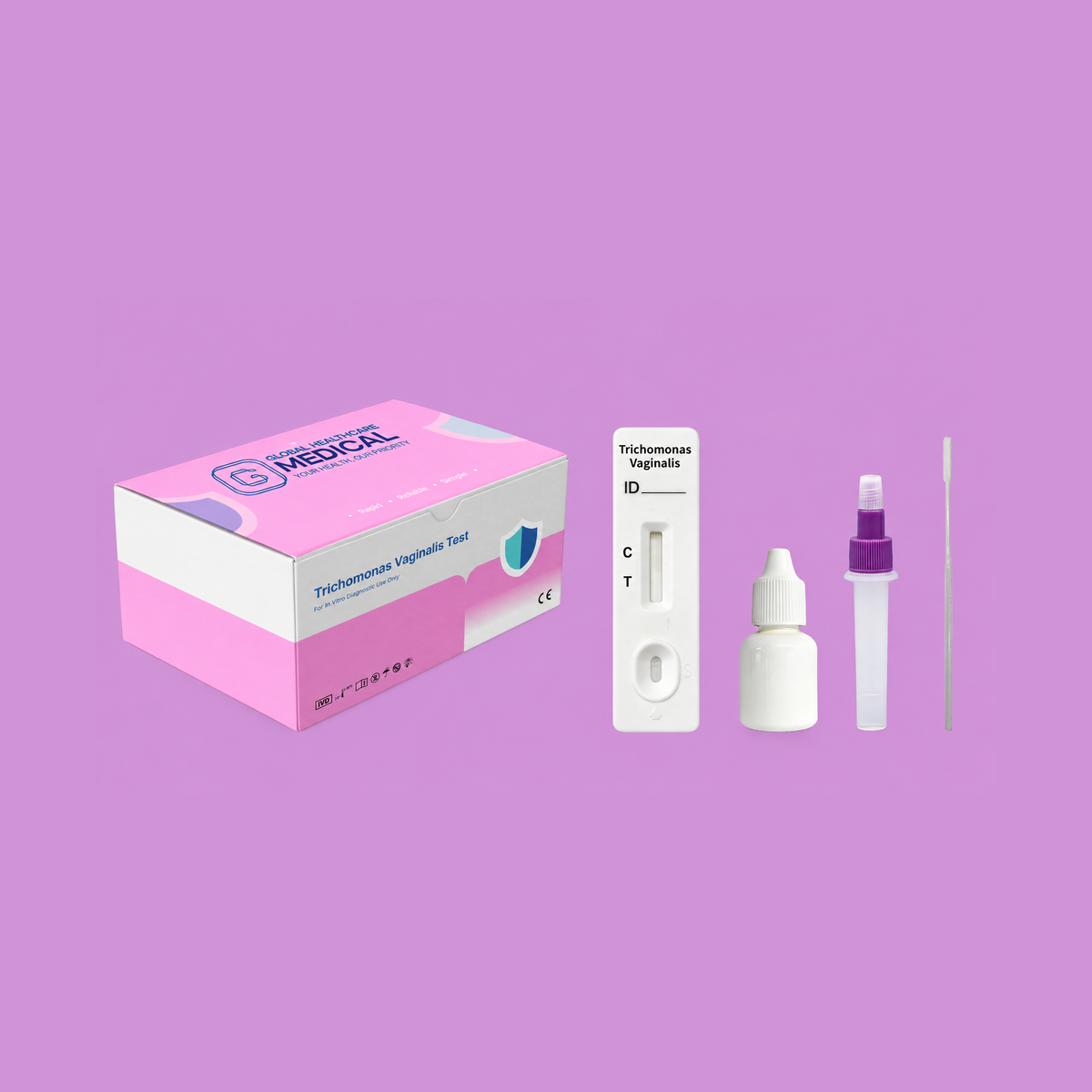 Global Healthcare Medical GHM Trichomonas Vaginalis Antigen Rapid Test US - Colloidal gold immunochromatography kit for qualitative detection of Trichomonas vaginalis antigen in vaginal swab specimens with 10-minute results, 98.5% sensitivity and 99.12% specificity, CE marked and ISO 13485 certified for professional point-of-care use