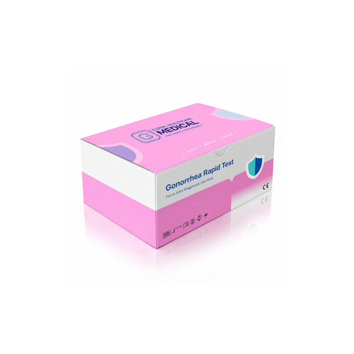 Global Healthcare Medical GHM Gonorrhea Antigen Rapid Test US - Colloidal gold immunochromatography kit for qualitative detection of Neisseria gonorrhoeae antigen in cervical swab, urethral swab, and urine specimens with 10-minute results, 90.0–94.9% sensitivity and 96.4–98.1% specificity, CE marked and ISO 13485 certified for professional point-of-care use