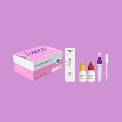 Global Healthcare Medical GHM Gonorrhea Antigen Rapid Test US - Colloidal gold immunochromatography kit for qualitative detection of Neisseria gonorrhoeae antigen in cervical swab, urethral swab, and urine specimens with 10-minute results, 90.0–94.9% sensitivity and 96.4–98.1% specificity, CE marked and ISO 13485 certified for professional point-of-care use