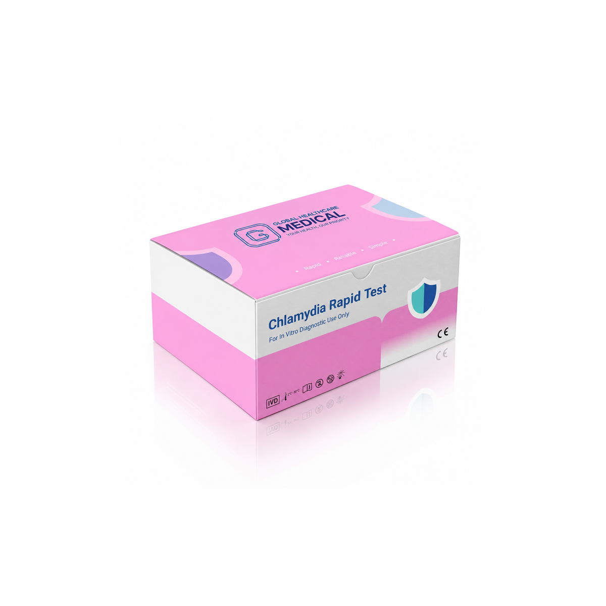 Global Healthcare Medical GHM Chlamydia Antigen Rapid Test US - Colloidal gold immunochromatography kit for qualitative detection of Chlamydia trachomatis antigen in cervical swab, urethral swab, and male urine specimens with 10-minute results, 81.6% sensitivity and 98.3% specificity, CE marked and ISO 13485 certified for professional point-of-care use