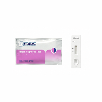 Global Healthcare Medical GHM Chlamydia Antigen Rapid Test US - Colloidal gold immunochromatography kit for qualitative detection of Chlamydia trachomatis antigen in cervical swab, urethral swab, and male urine specimens with 10-minute results, 81.6% sensitivity and 98.3% specificity, CE marked and ISO 13485 certified for professional point-of-care use