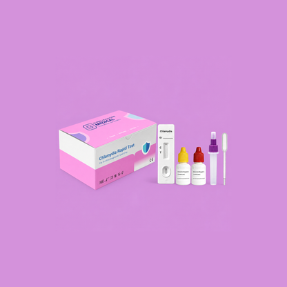 Global Healthcare Medical GHM Chlamydia Antigen Rapid Test US - Colloidal gold immunochromatography kit for qualitative detection of Chlamydia trachomatis antigen in cervical swab, urethral swab, and male urine specimens with 10-minute results, 81.6% sensitivity and 98.3% specificity, CE marked and ISO 13485 certified for professional point-of-care use