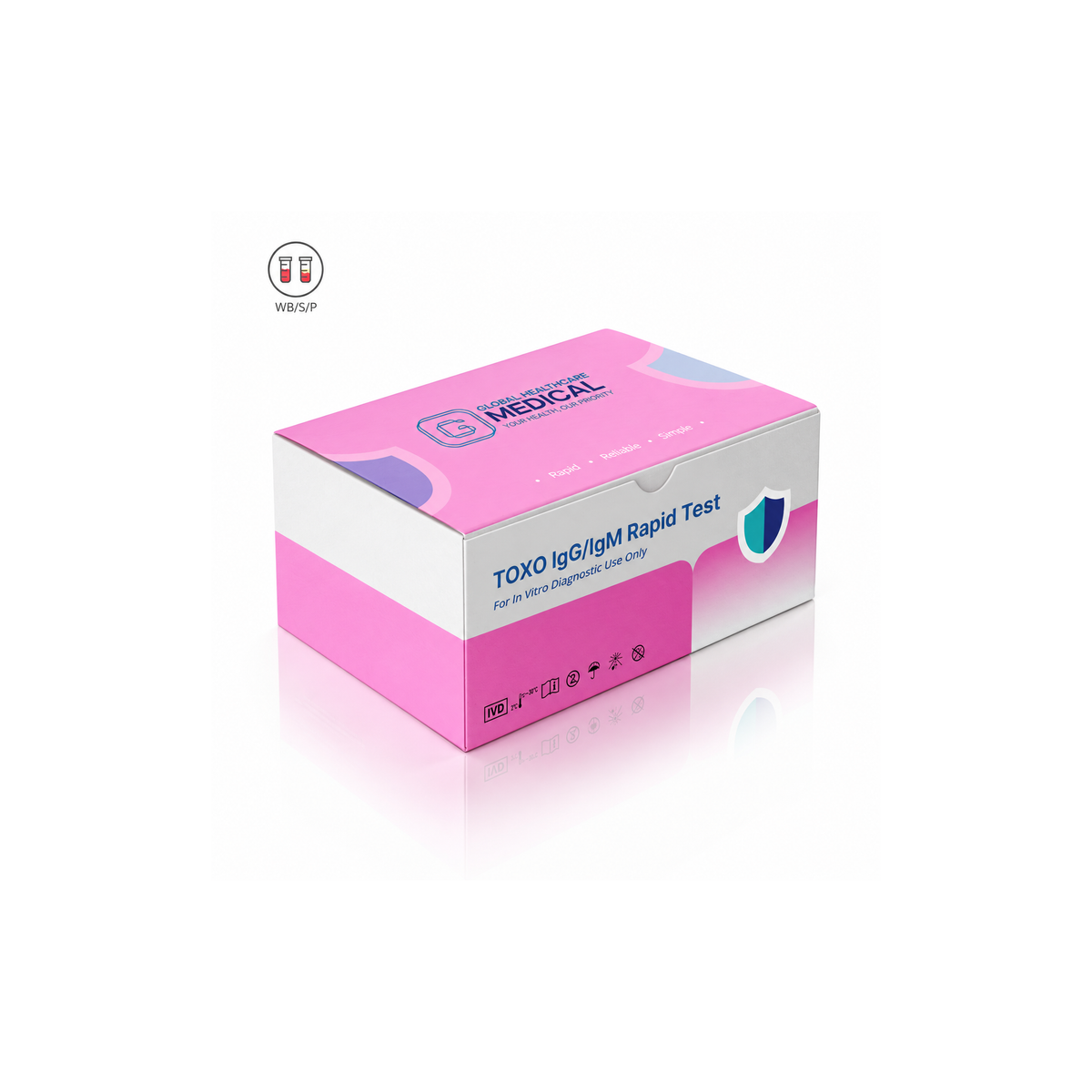 Global Healthcare Medical GHM TOXO IgG/IgM Rapid Test US - Colloidal gold immunochromatography kit for qualitative detection and differentiation of Toxoplasma gondii IgG and IgM antibodies in whole blood, serum, or plasma specimens with 15-minute results, 96.7% sensitivity for IgG and 93.3% sensitivity for IgM, CE marked and ISO 13485 certified for professional point-of-care use
