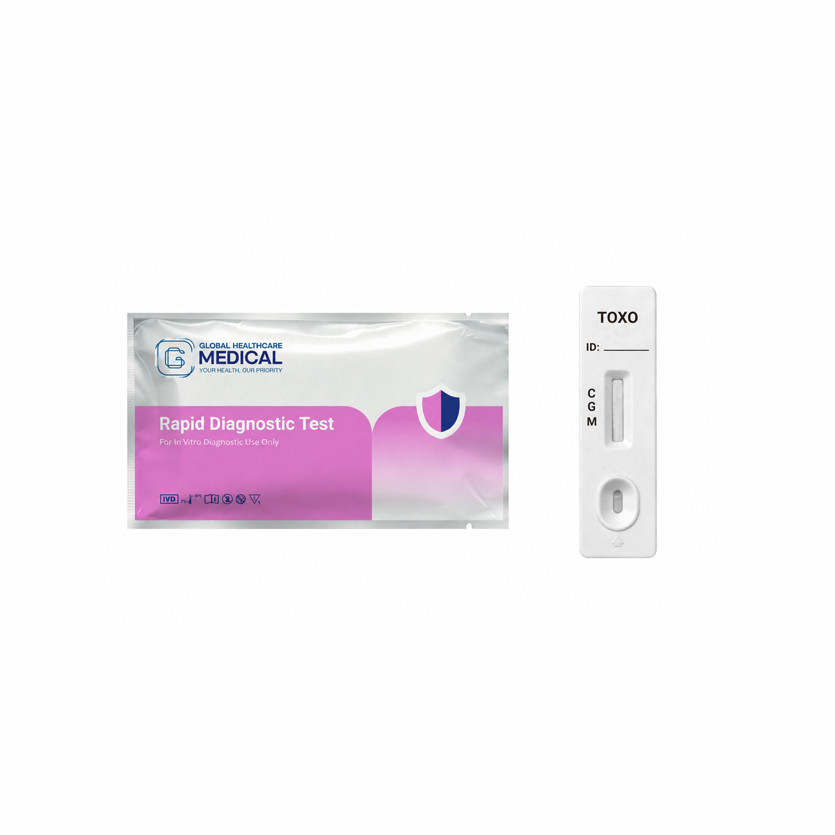 Global Healthcare Medical GHM TOXO IgG/IgM Rapid Test US - Colloidal gold immunochromatography kit for qualitative detection and differentiation of Toxoplasma gondii IgG and IgM antibodies in whole blood, serum, or plasma specimens with 15-minute results, 96.7% sensitivity for IgG and 93.3% sensitivity for IgM, CE marked and ISO 13485 certified for professional point-of-care use