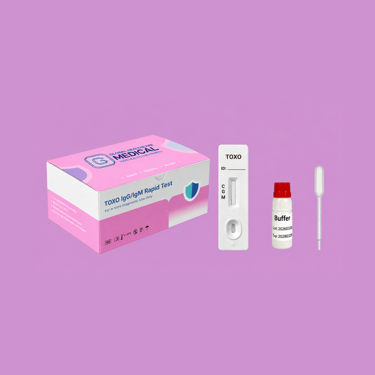 Global Healthcare Medical GHM TOXO IgG/IgM Rapid Test US - Colloidal gold immunochromatography kit for qualitative detection and differentiation of Toxoplasma gondii IgG and IgM antibodies in whole blood, serum, or plasma specimens with 15-minute results, 96.7% sensitivity for IgG and 93.3% sensitivity for IgM, CE marked and ISO 13485 certified for professional point-of-care use
