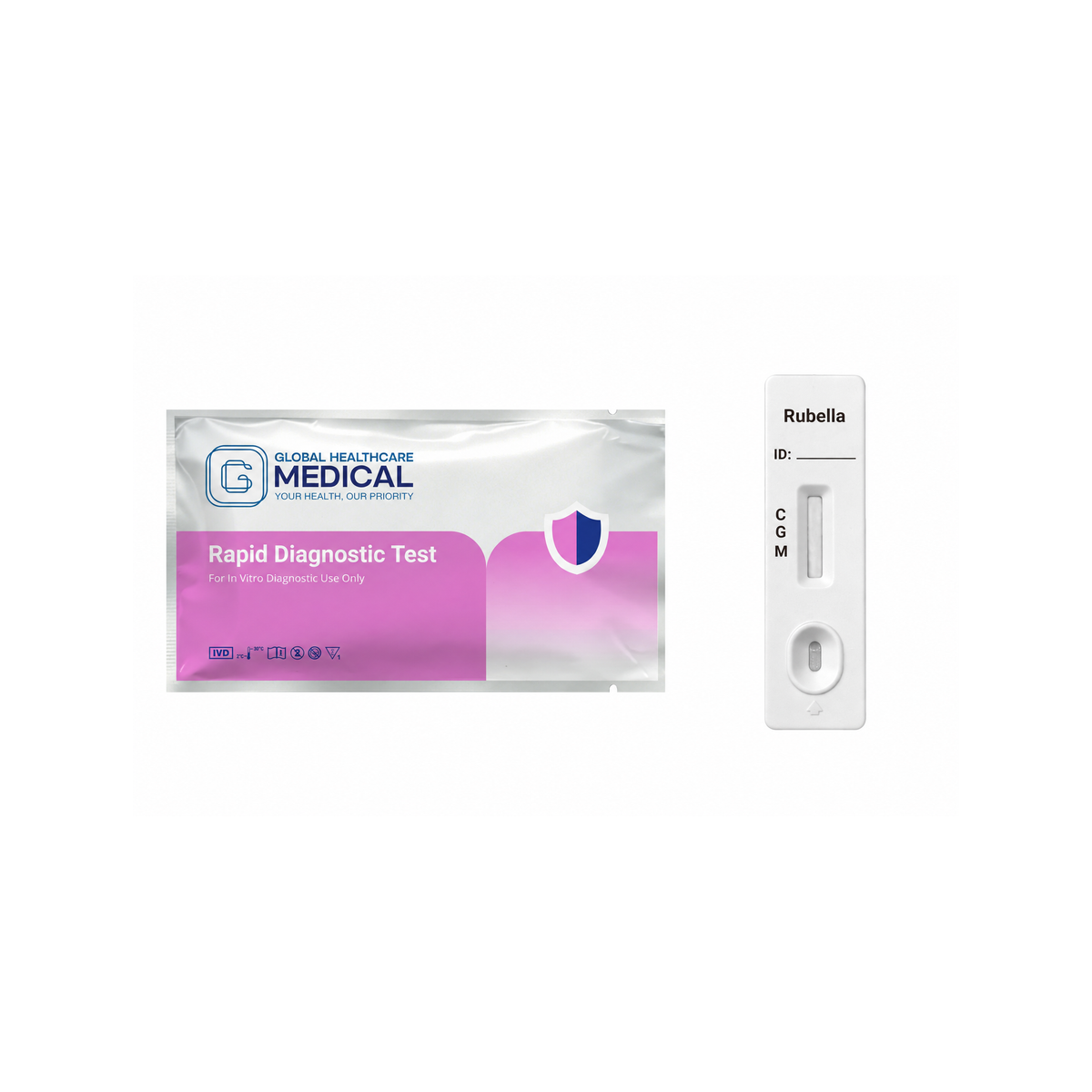 Global Healthcare Medical GHM Rubella IgG/IgM Rapid Test US - Colloidal gold immunochromatography kit for qualitative detection and differentiation of rubella virus IgG and IgM antibodies in whole blood, serum, or plasma specimens with 15-minute results, 98.01% sensitivity for IgG and 93.4% sensitivity for IgM, CE marked and ISO 13485 certified for professional point-of-care use