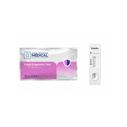 Global Healthcare Medical GHM Rubella IgG/IgM Rapid Test US - Colloidal gold immunochromatography kit for qualitative detection and differentiation of rubella virus IgG and IgM antibodies in whole blood, serum, or plasma specimens with 15-minute results, 98.01% sensitivity for IgG and 93.4% sensitivity for IgM, CE marked and ISO 13485 certified for professional point-of-care use