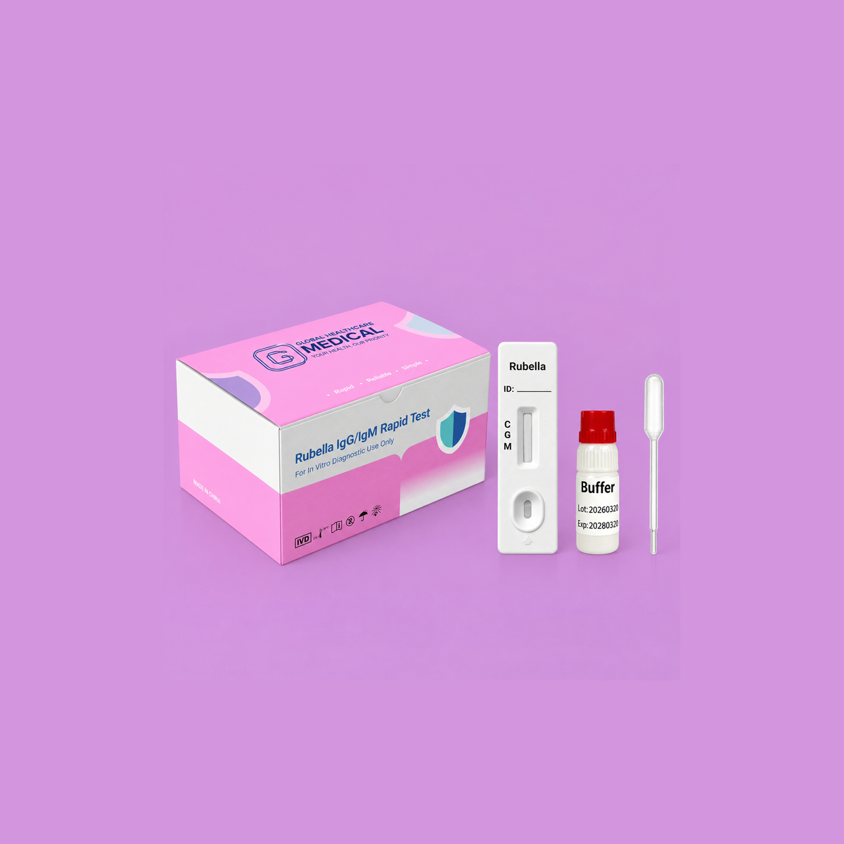Global Healthcare Medical GHM Rubella IgG/IgM Rapid Test US - Colloidal gold immunochromatography kit for qualitative detection and differentiation of rubella virus IgG and IgM antibodies in whole blood, serum, or plasma specimens with 15-minute results, 98.01% sensitivity for IgG and 93.4% sensitivity for IgM, CE marked and ISO 13485 certified for professional point-of-care use