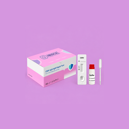 Global Healthcare Medical GHM CMV IgG/IgM Rapid Test US - Colloidal gold immunochromatography kit for qualitative detection and differentiation of Cytomegalovirus IgG and IgM antibodies in whole blood, serum, or plasma specimens with 10-minute results, 95.0% sensitivity for IgG and 93.2% sensitivity for IgM, CE marked and ISO 13485 certified for professional point-of-care use